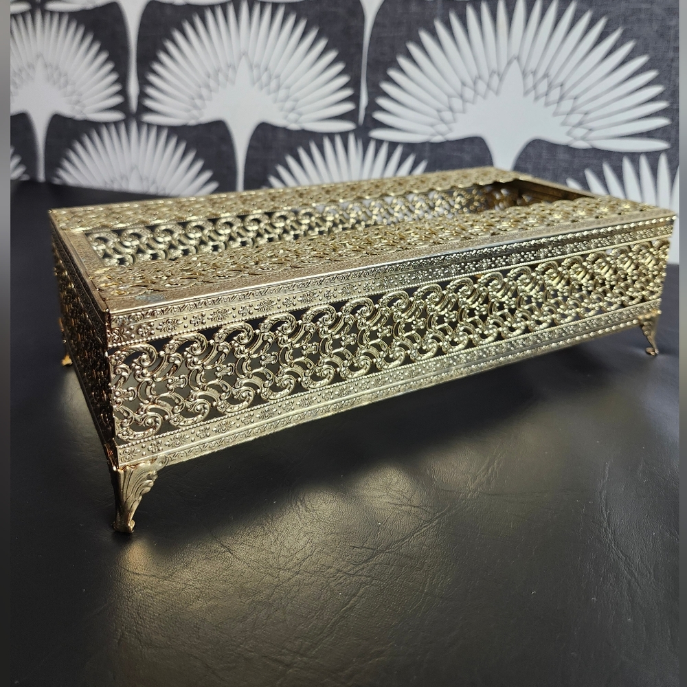Vintage Hollywood Regency Gold Metal Tissue Cover Holder Box, MCM